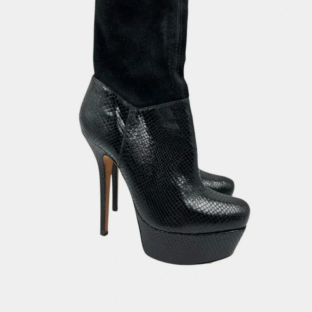 Alice + Olivia Black Thigh-High Platform Stiletto Over-the-Knee Leather Boots